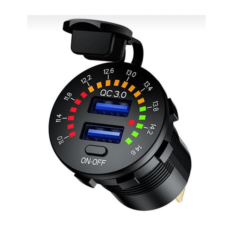 USB Charger - Round - Dual Port - 2x 2.1A - Round QC3 ON/OFF Switch