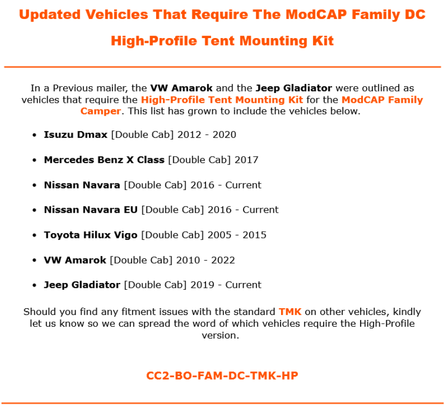 MODCAP DC FAMILY CAMPER - TENT MOUNTING KIT HP (SPECIFIC VEHICLE LIST - SEE IMAGE)