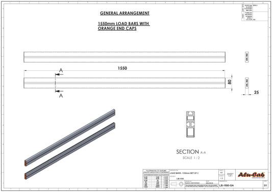 V2 LOAD BARS - BLACK - 1550mm SET OF 2 (EXCL FEET)