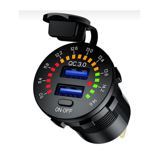 USB Charger - Round - Dual Port - 2x 2.1A - Round QC3 ON/OFF Switch